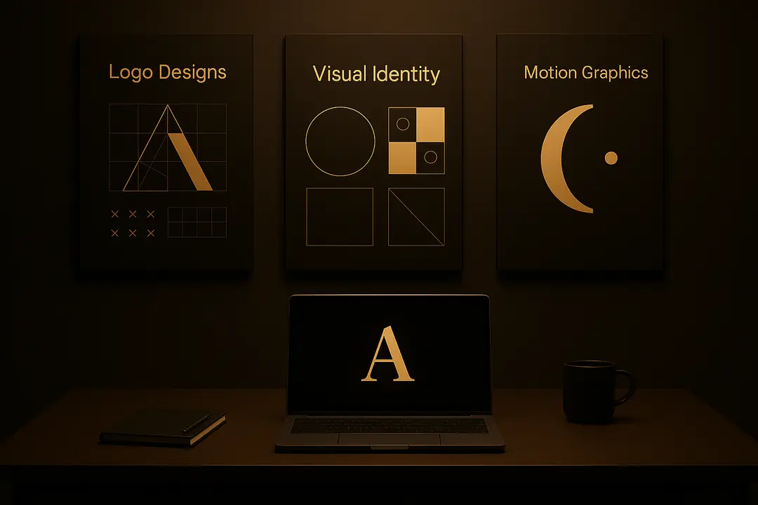 A cinematic still photograph of a minimal, high-end creative studio.